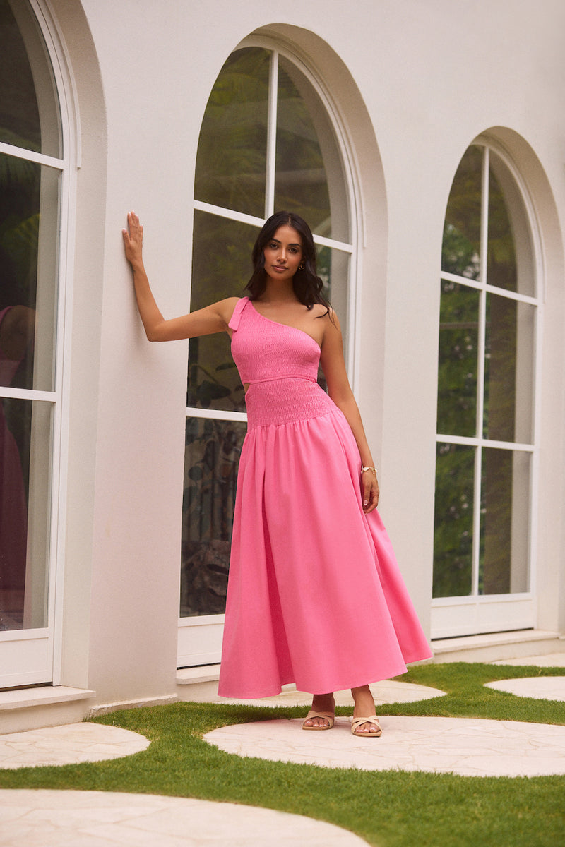 one shoulder pink long dress Signature Elegance Rose Satin One-Shoulder Maxi Dress