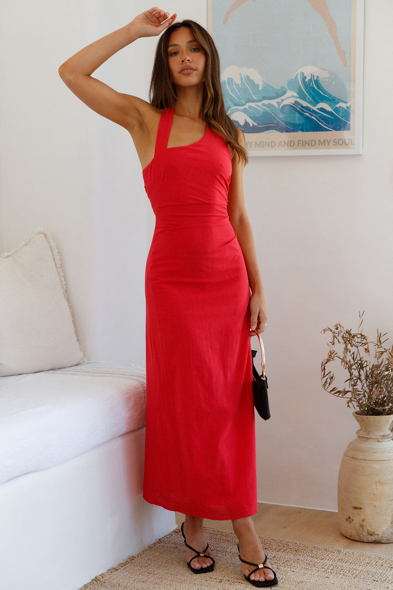 Red halter maxi dress hotsell