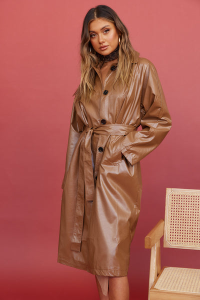Radio Waves Faux Leather Trench Coat Brown