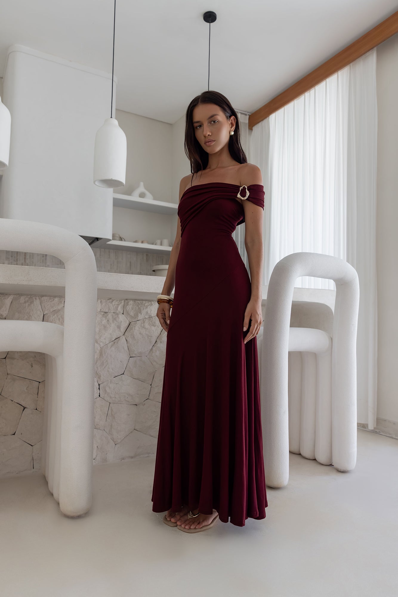 off the shoulder dress au Sundown Secrets Off Shoulder Maxi Dress Wine
