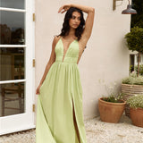 FORTUNATE ONE Isla Linen Halter Maxi Dress Green