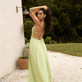 FORTUNATE ONE Isla Linen Halter Maxi Dress Green