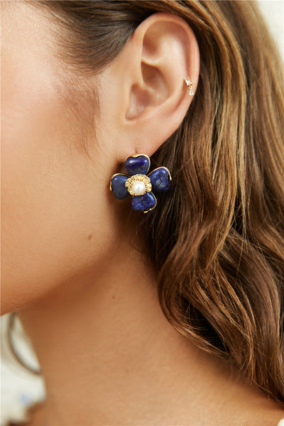 18K Gold Plated Blue Beauty Flower Earrings Gold