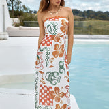 Hawaiian Retreat Strapless Maxi Dress Orange