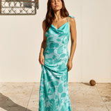 Sweet Autumn Leaves Satin Halter Maxi Dress Sage