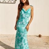 Sweet Autumn Leaves Satin Halter Maxi Dress Sage