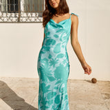 Sweet Autumn Leaves Satin Halter Maxi Dress Sage