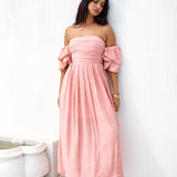 High Tea Off Shoulder Maxi Dress Pink