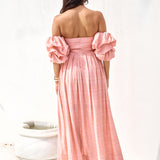 High Tea Off Shoulder Maxi Dress Pink