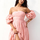 High Tea Off Shoulder Maxi Dress Pink