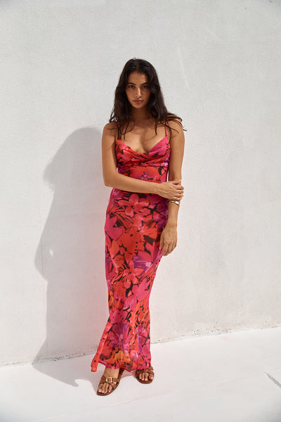 RUNAWAY THE LABEL Bad Romance Sheer Maxi Dress Pink Floral