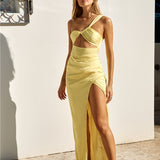 Celebrations Under Stars Satin One Shoulder Maxi Dress Yellow