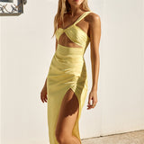 Celebrations Under Stars Satin One Shoulder Maxi Dress Yellow