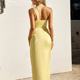 Celebrations Under Stars Satin One Shoulder Maxi Dress Yellow