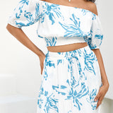 Island Whisper Off Shoulder Crop Top Blue