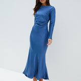 The Forget Me Not Satin Midi Dress Navy