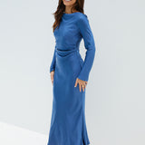 The Forget Me Not Satin Midi Dress Navy