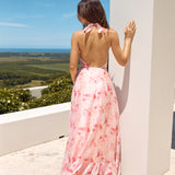 Palm Tree Island Halter Maxi Dress Pink