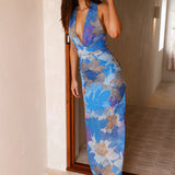 Tropical Retreat Halter Maxi Dress Blue