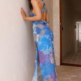 Tropical Retreat Halter Maxi Dress Blue