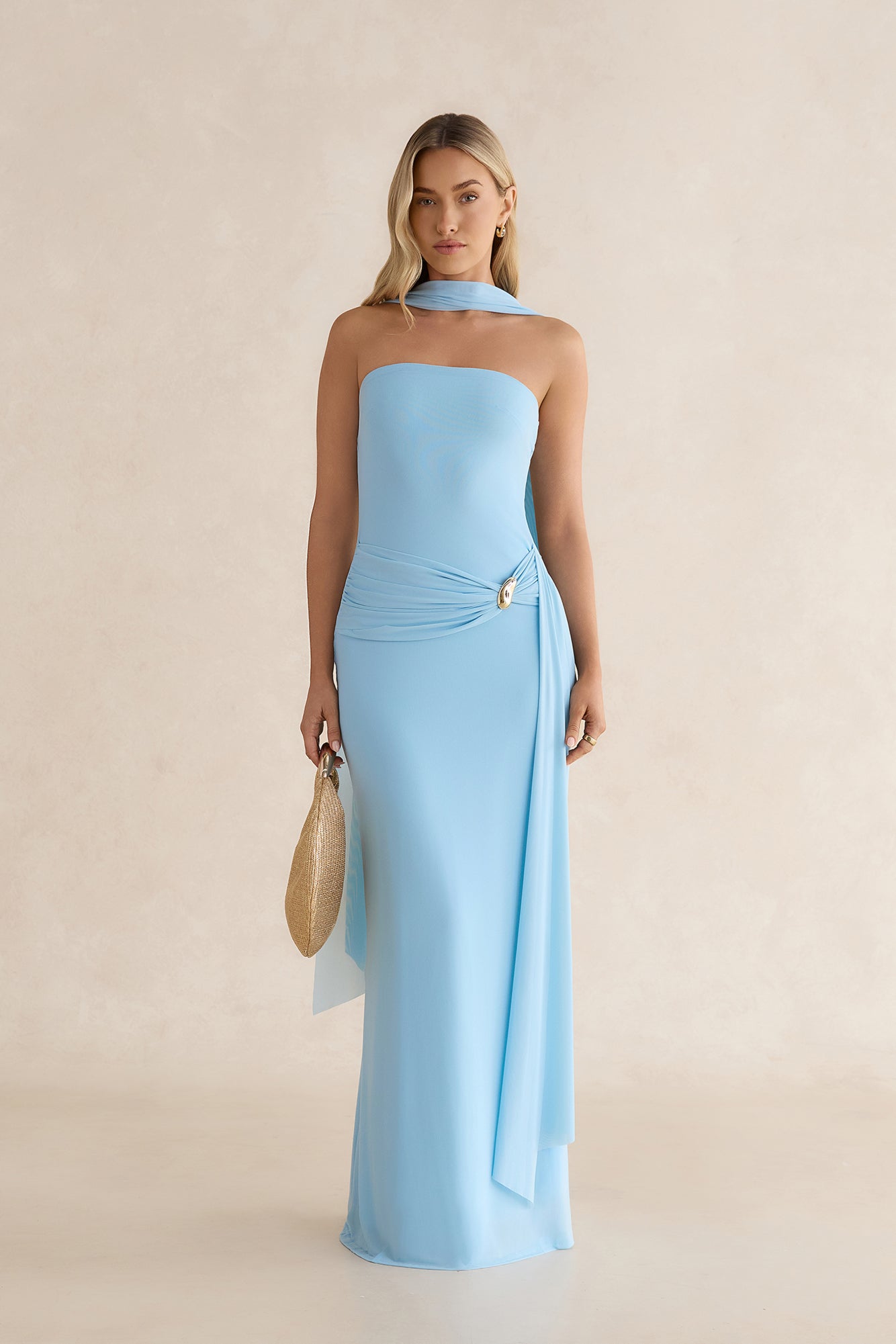 Day To Night Luxe Mesh Strapless Maxi Dress Blue