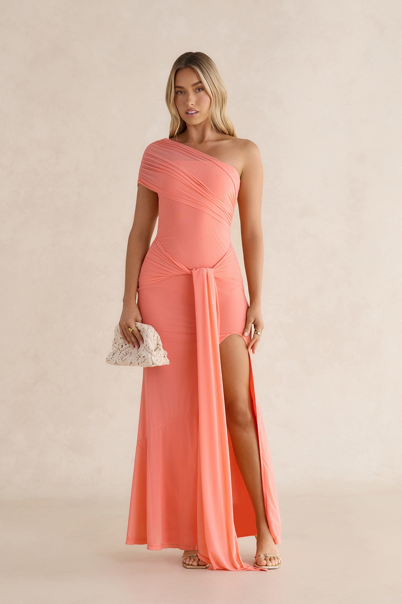 spellbound mesh maxi dress orange IZA ORANGE RUCHED MAXI MESH DRESS OFUURE