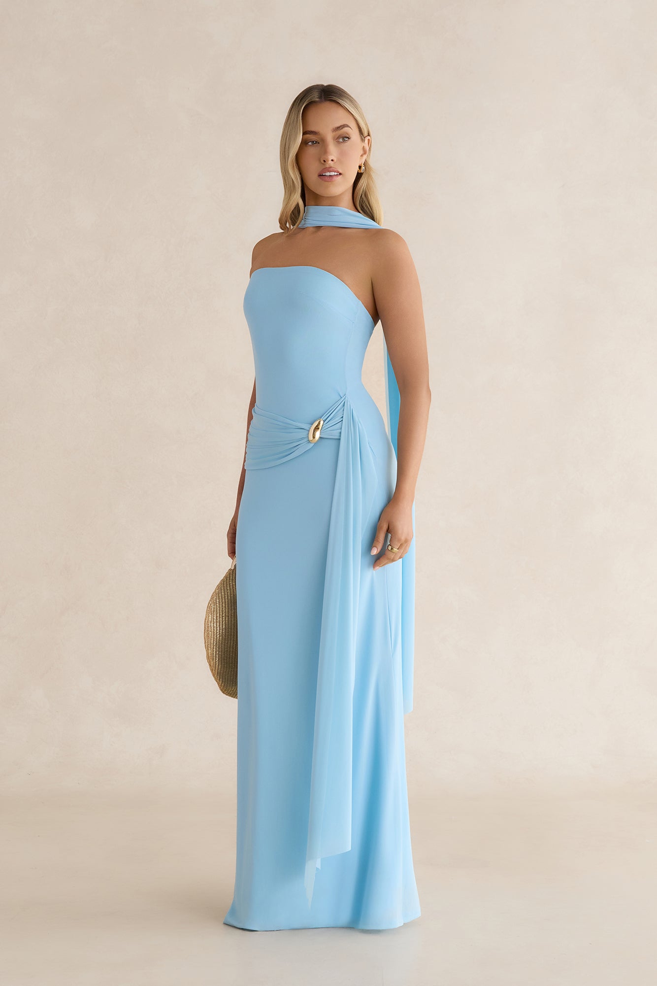 Day To Night Luxe Mesh Strapless Maxi Dress Blue
