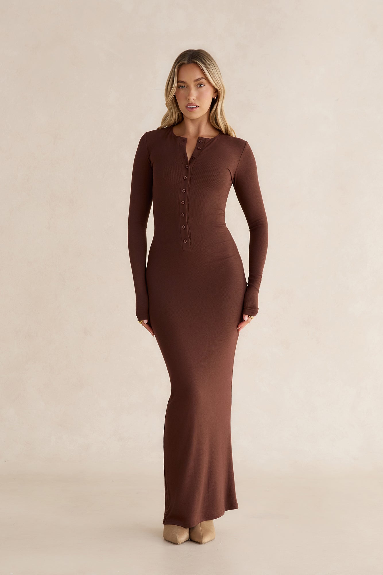 Henley Long Sleeve Ribbed Maxi Dress Chocolate