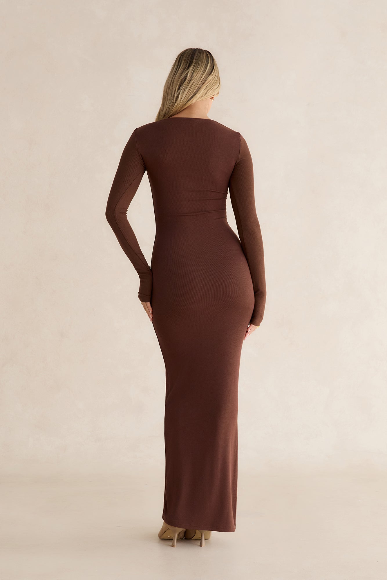 Henley Long Sleeve Ribbed Maxi Dress Chocolate