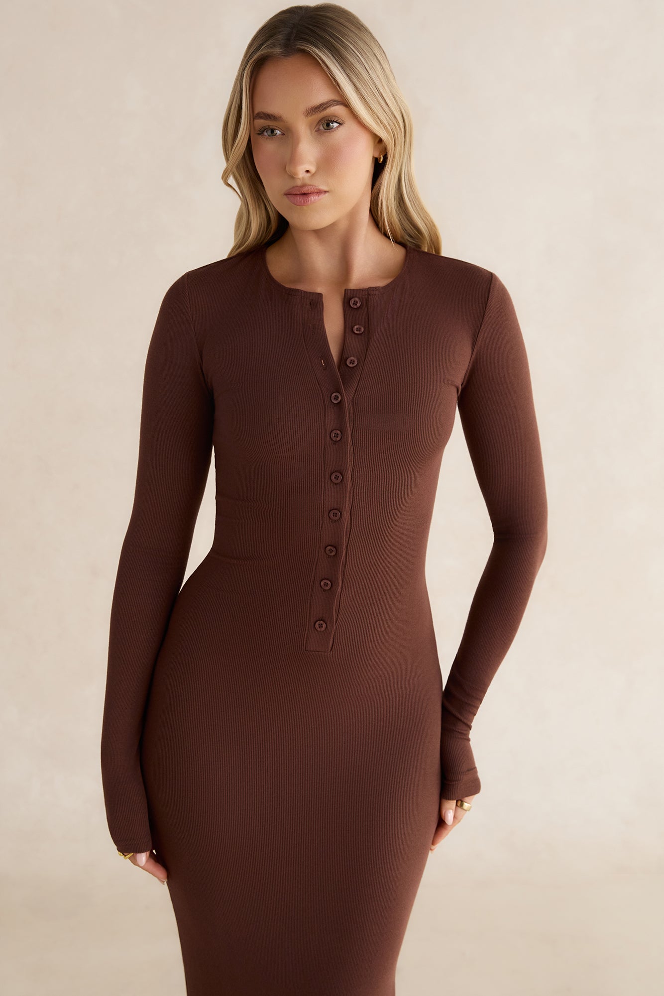 Henley Long Sleeve Ribbed Maxi Dress Chocolate