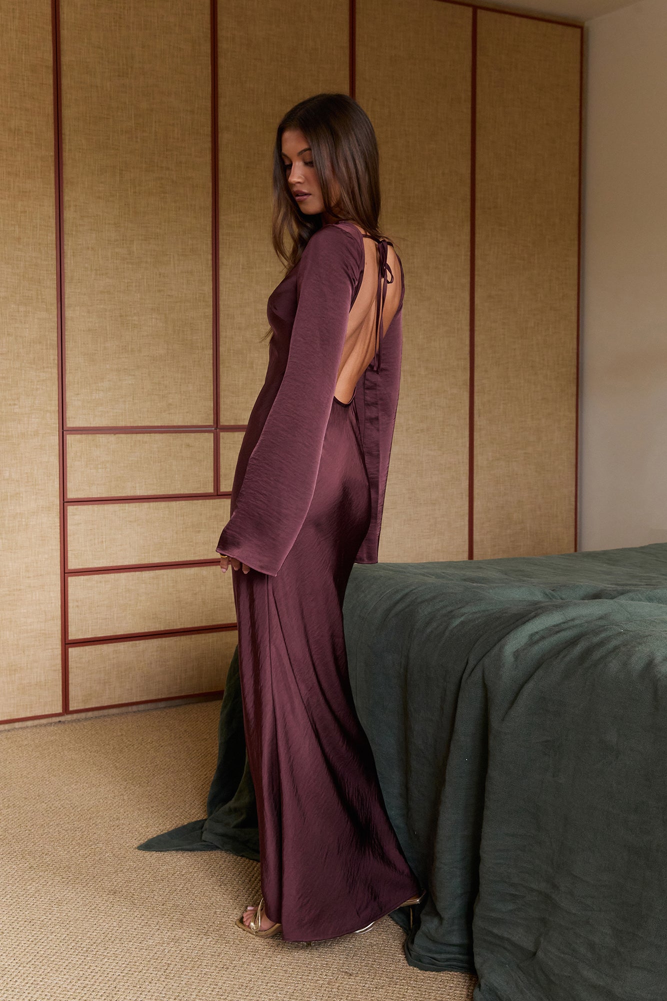 Sweet Clover Long Sleeve Satin Maxi Dress Chocolate