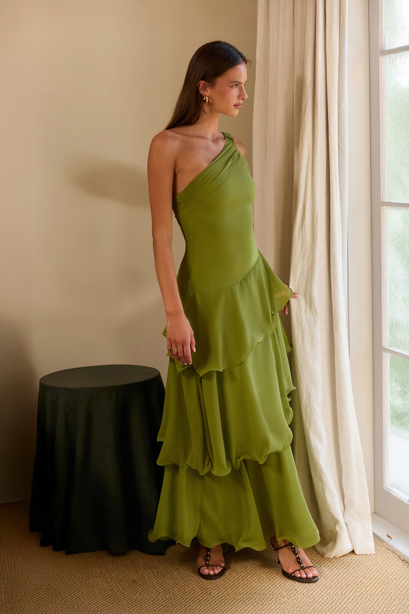 Solana One Shoulder Tiered Maxi Dress Olive