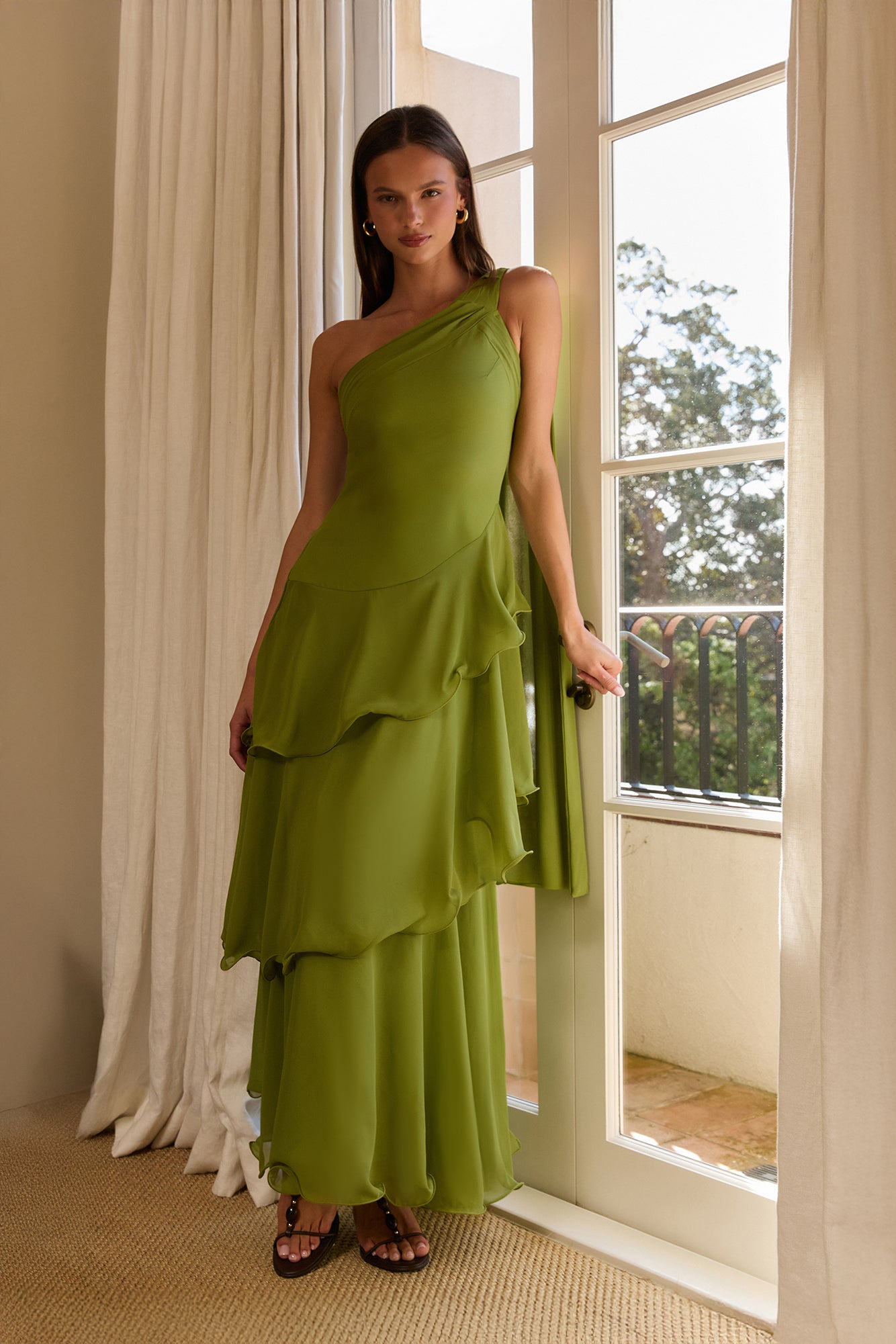 Solana One Shoulder Tiered Maxi Dress Olive