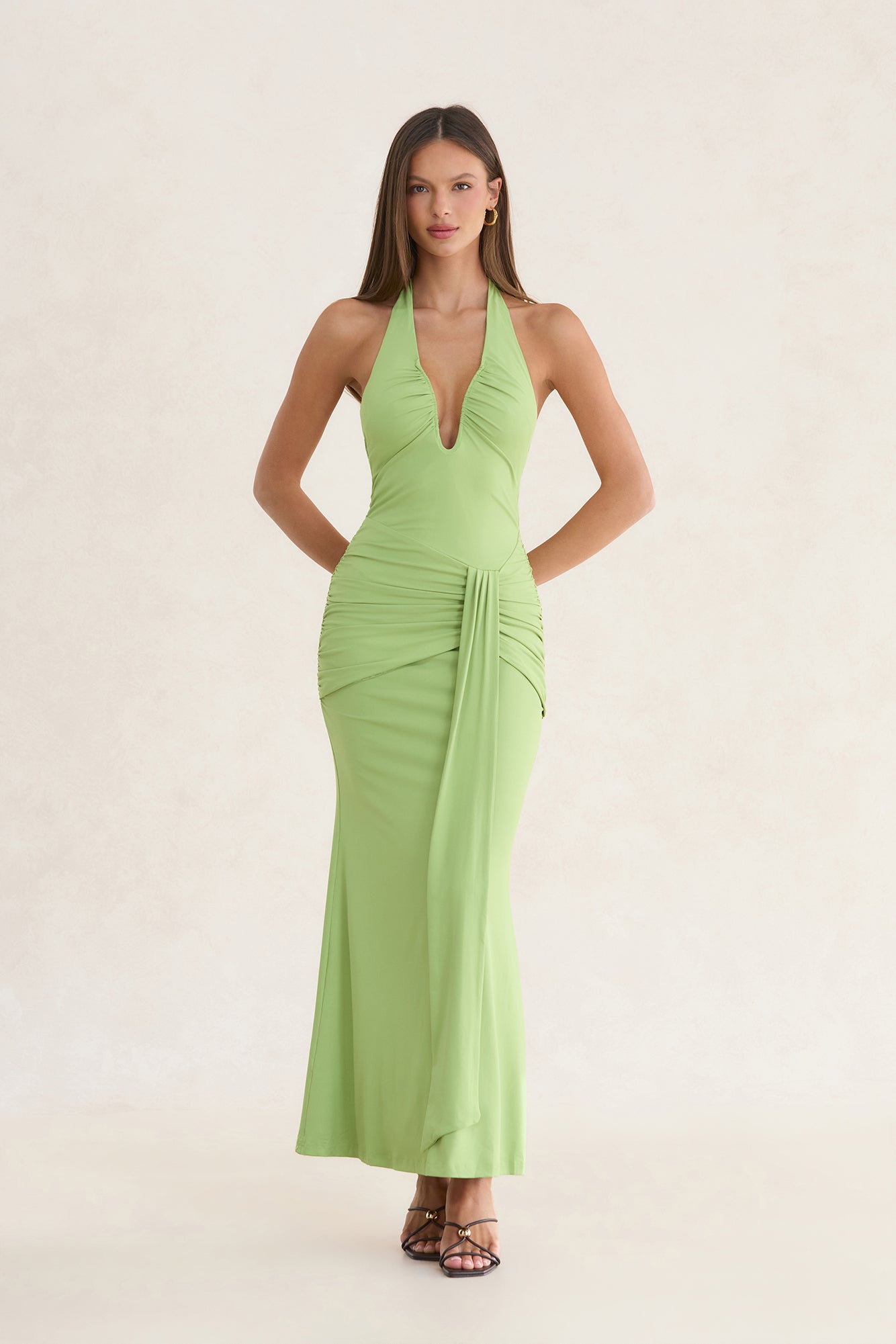 Verona Ruched Halter Maxi Dress Olive