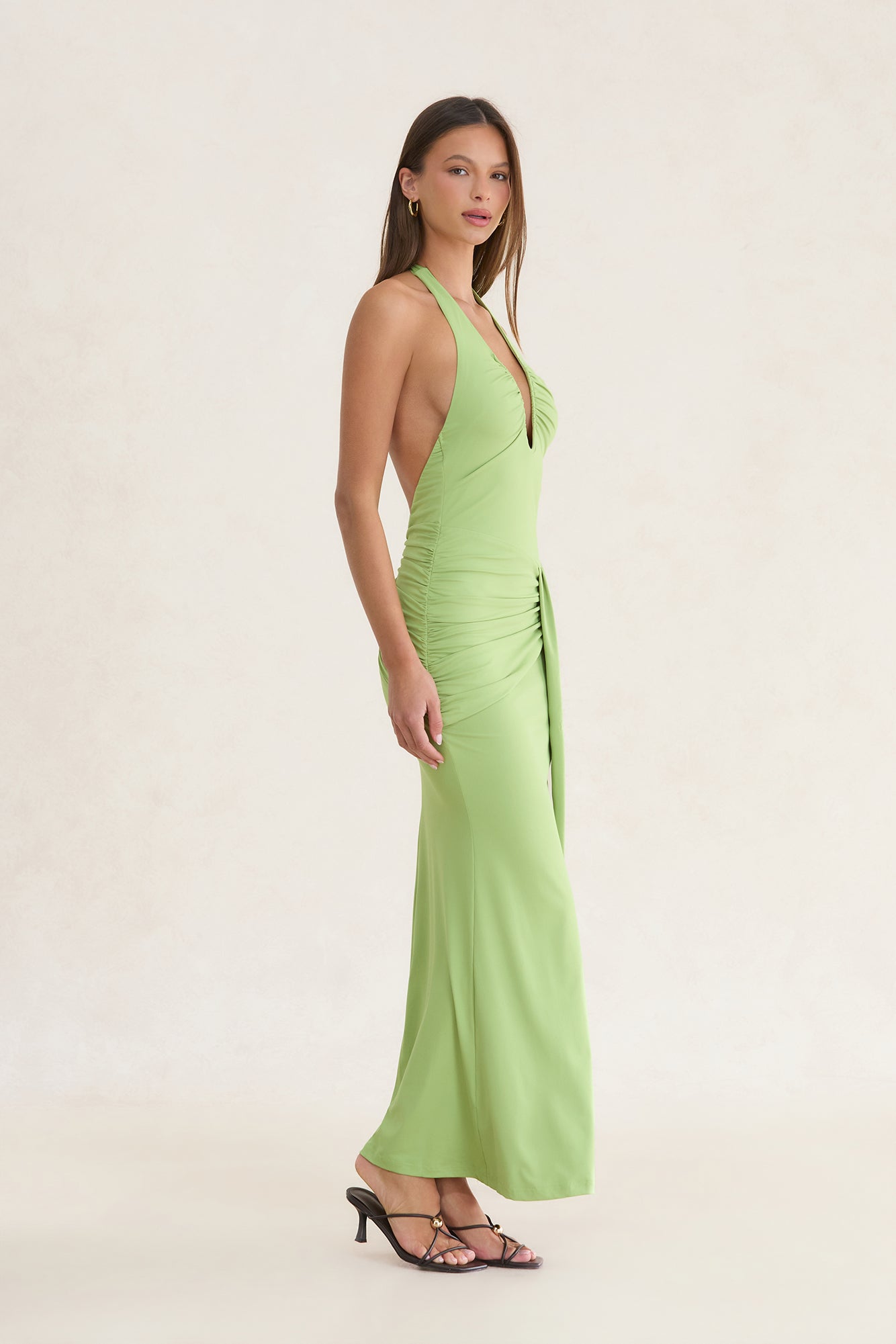 Verona Ruched Halter Maxi Dress Olive