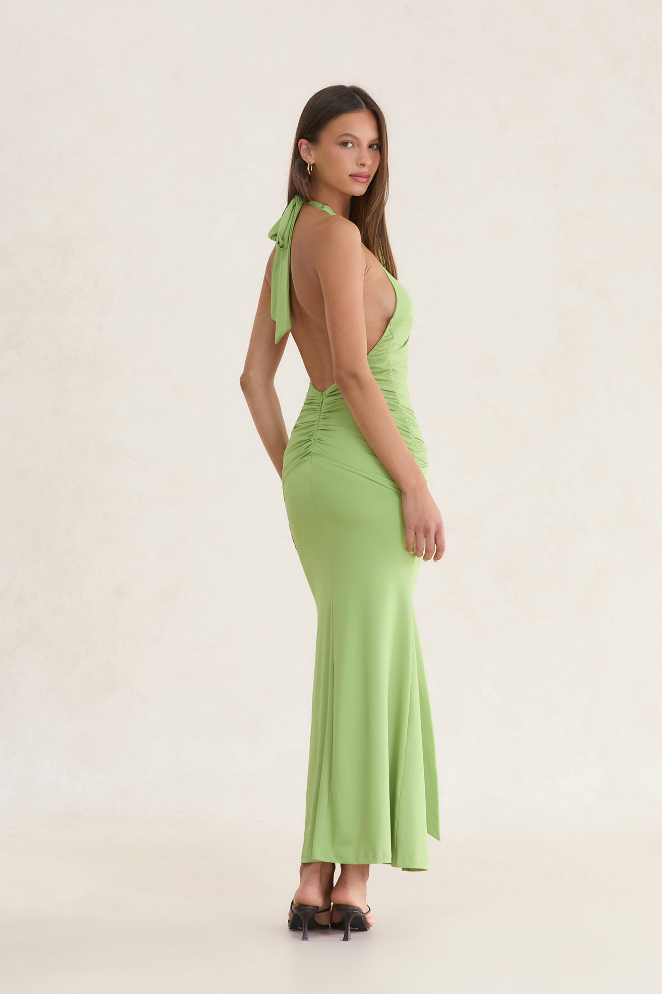 Verona Ruched Halter Maxi Dress Olive
