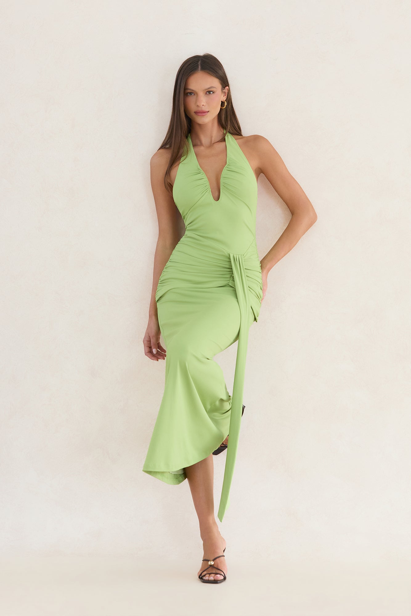 Verona Ruched Halter Maxi Dress Olive