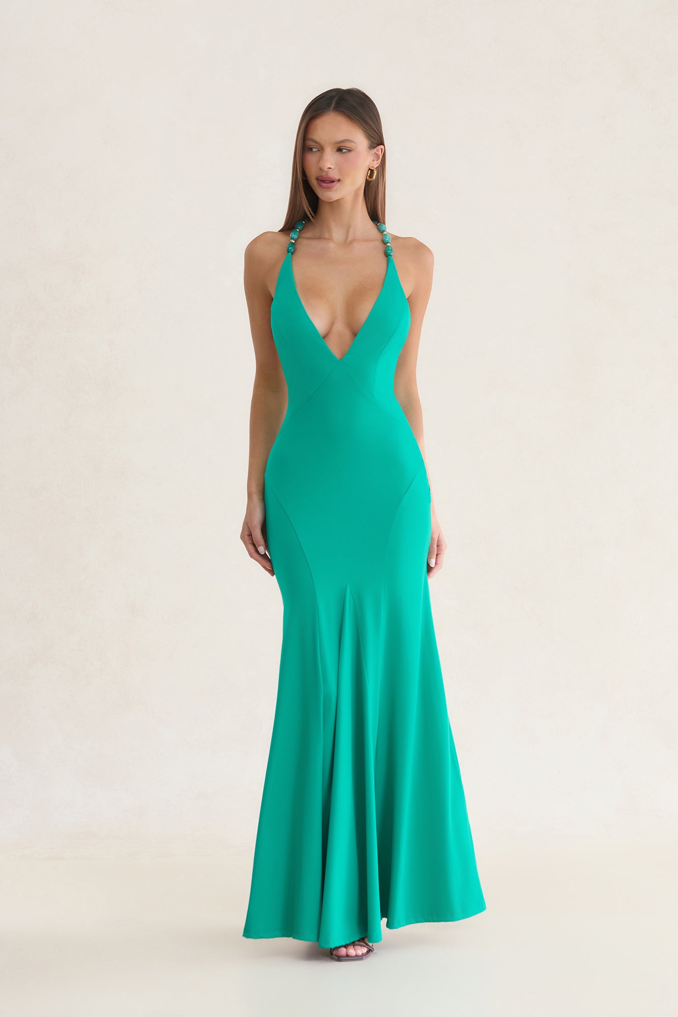 Gilded Radiance Beaded Back Maxi Dress Green