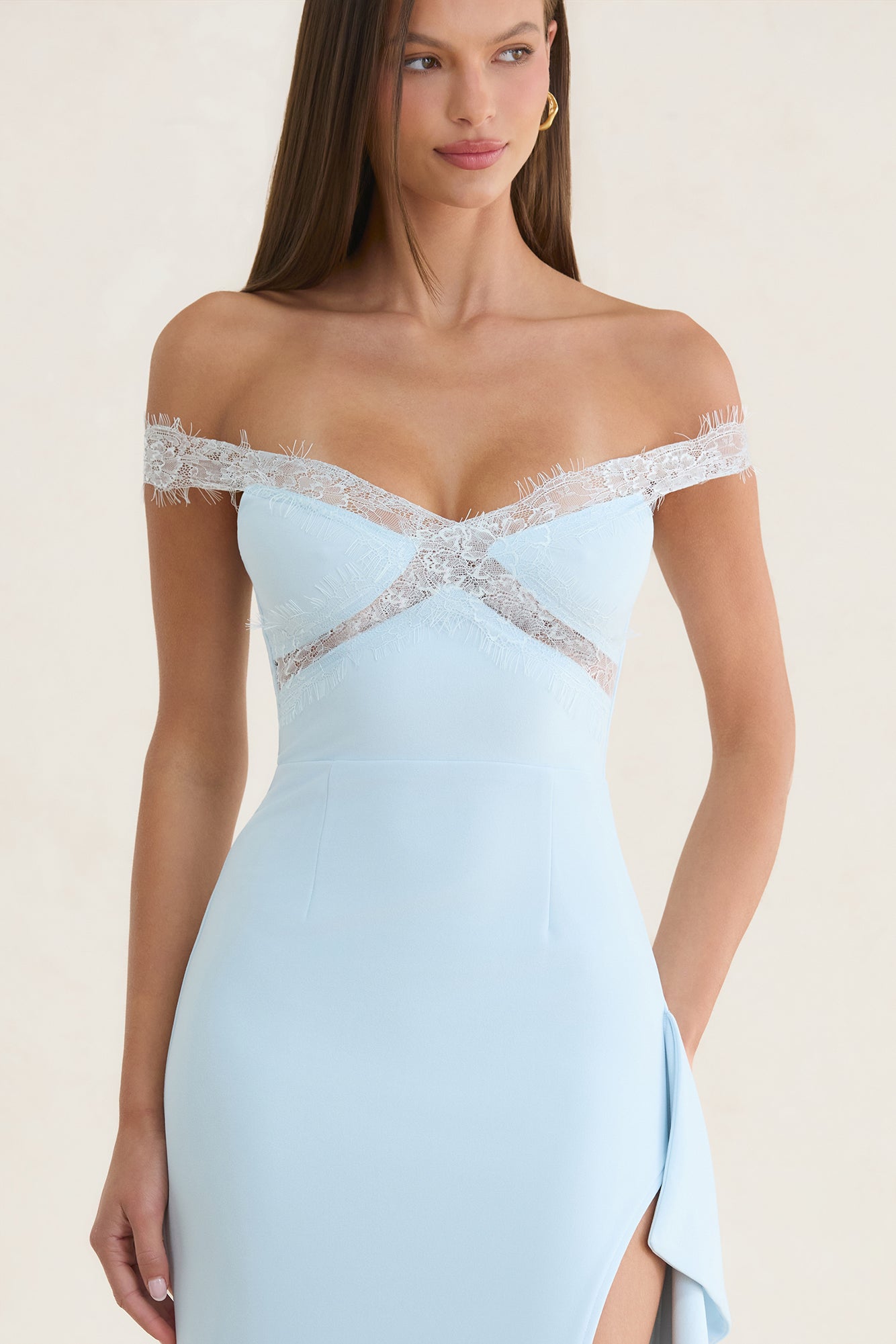 Ethereal Lace Off Shoulder Maxi Dress Light Blue