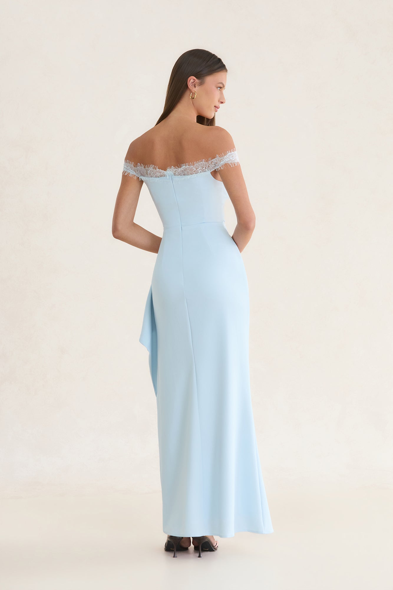 Ethereal Lace Off Shoulder Maxi Dress Light Blue