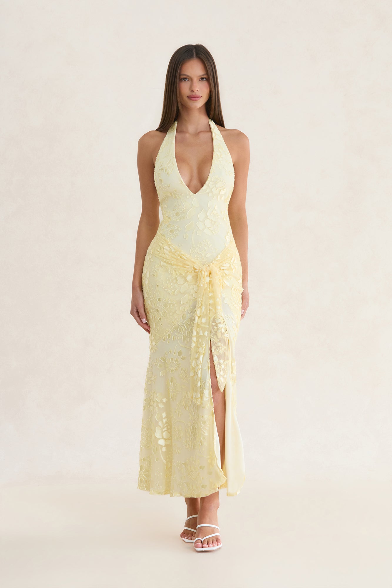 Lumiere Tie Halter Maxi Dress Lemon