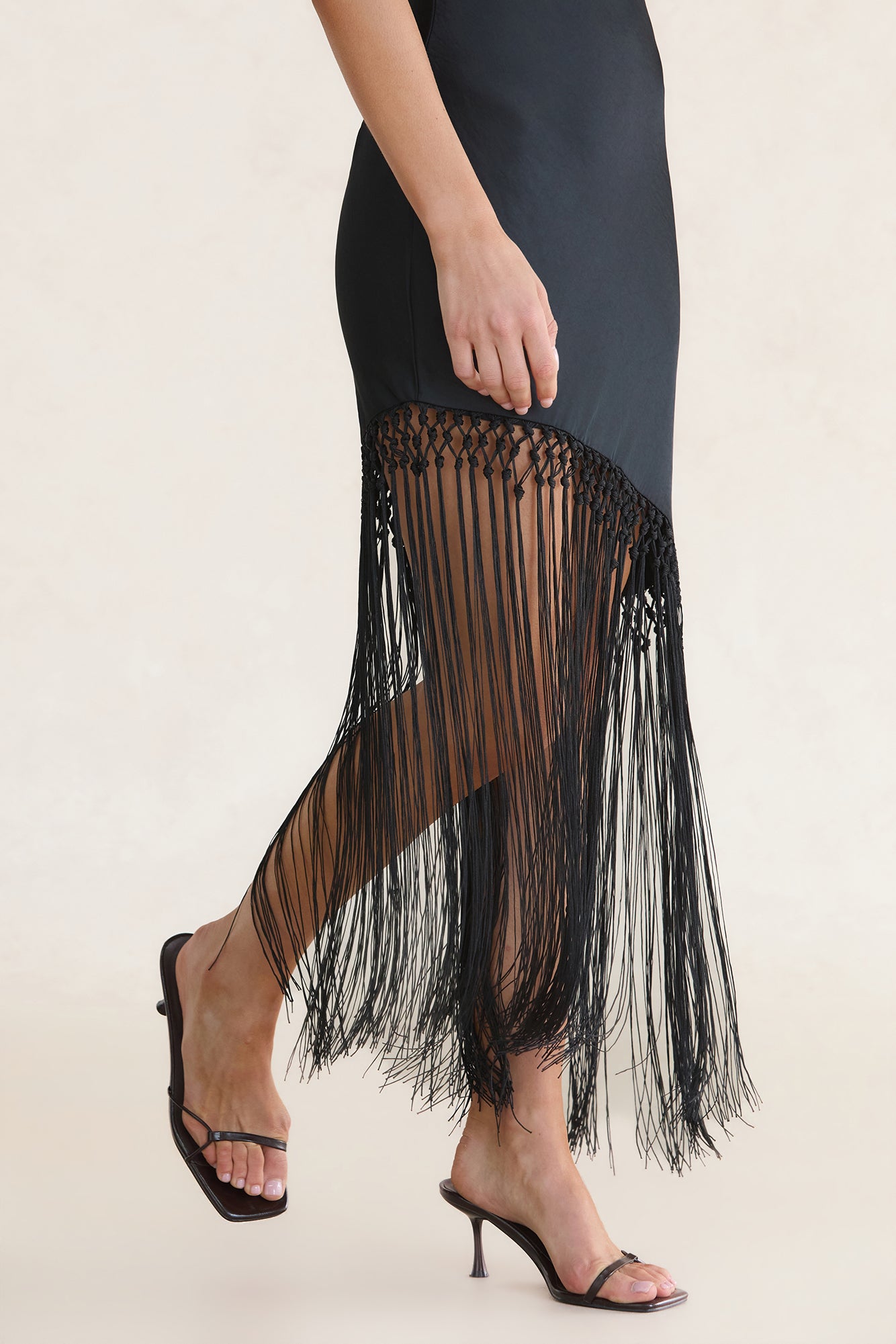 Last Dance Asymmetric Fringe Midi Dress Black