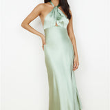 In My Feelings Satin Maxi Dress Sage