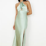 In My Feelings Satin Maxi Dress Sage