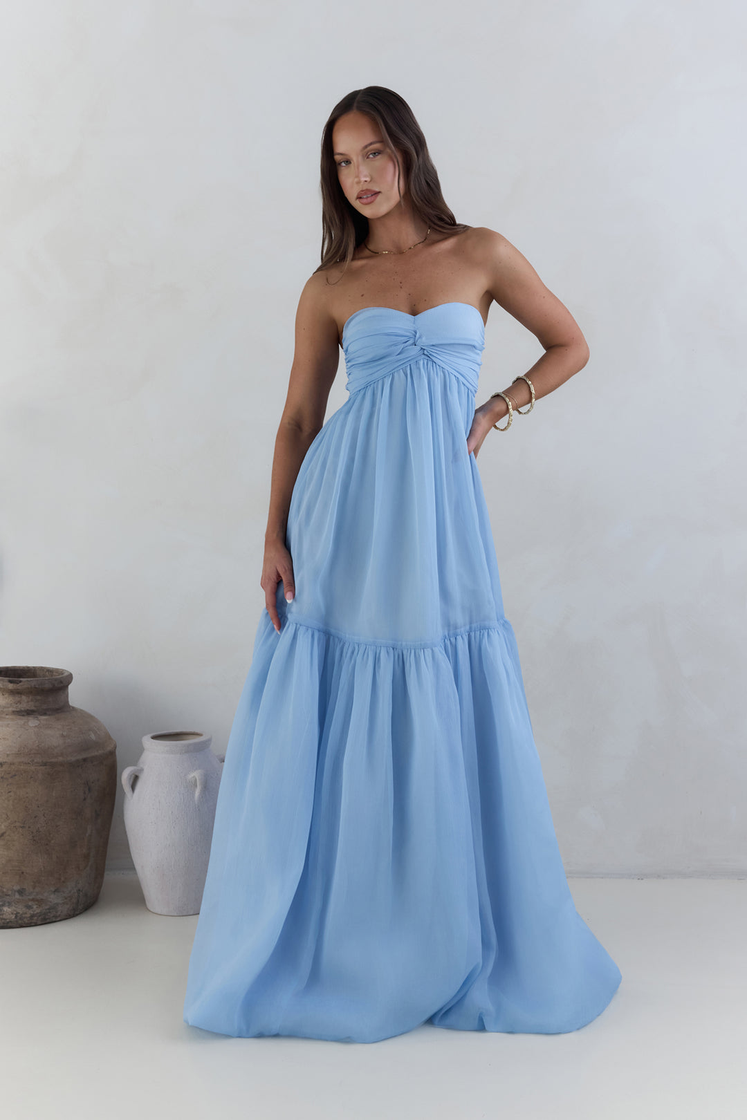 Rosé Mood Strapless Mesh Maxi Dress Blue