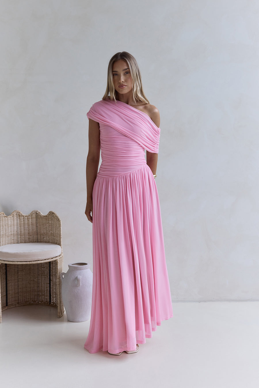 One Shoulder Mesh Maxi Dress-Pink/White