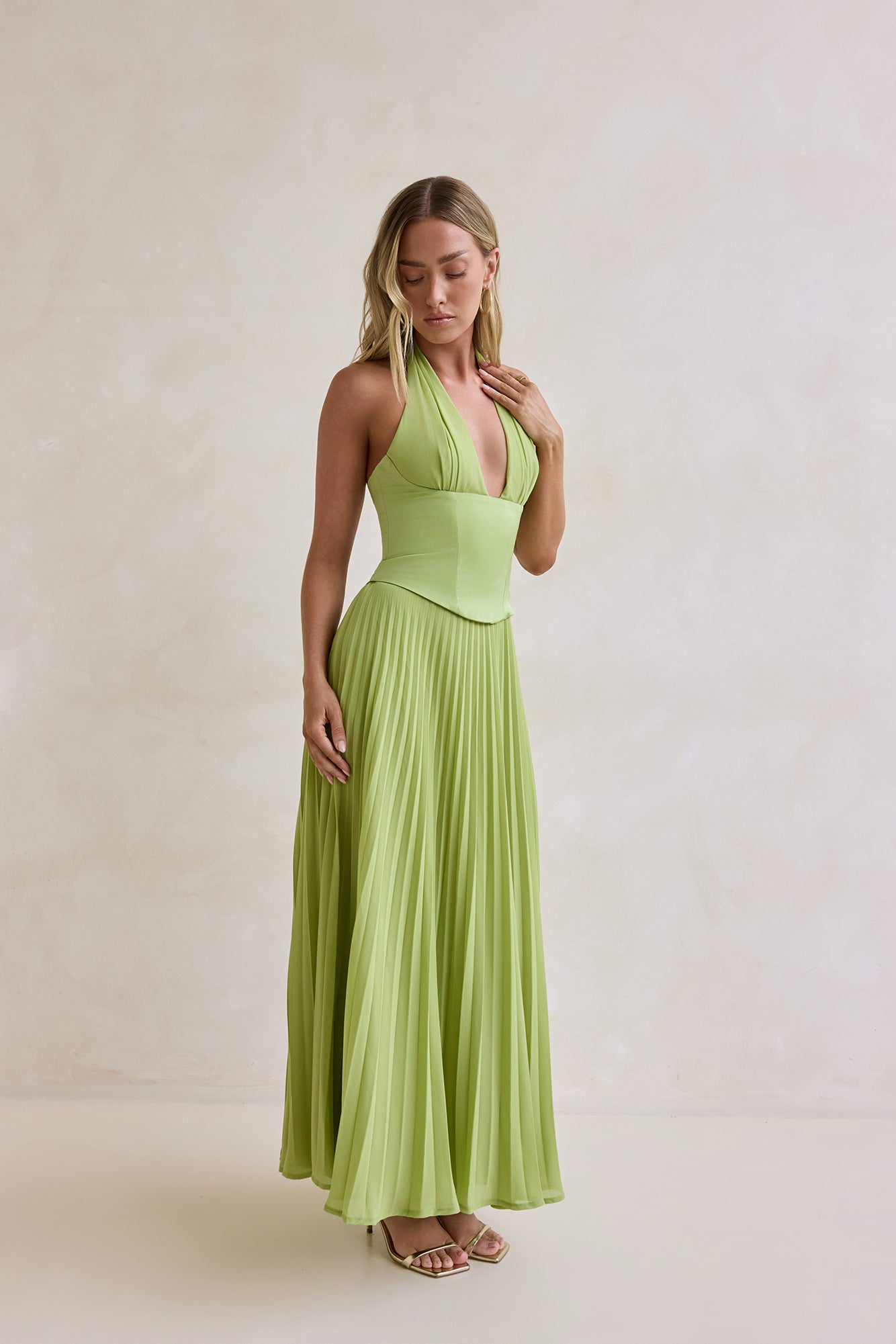 Paradise Falls Plisse Halter Maxi Dress Green