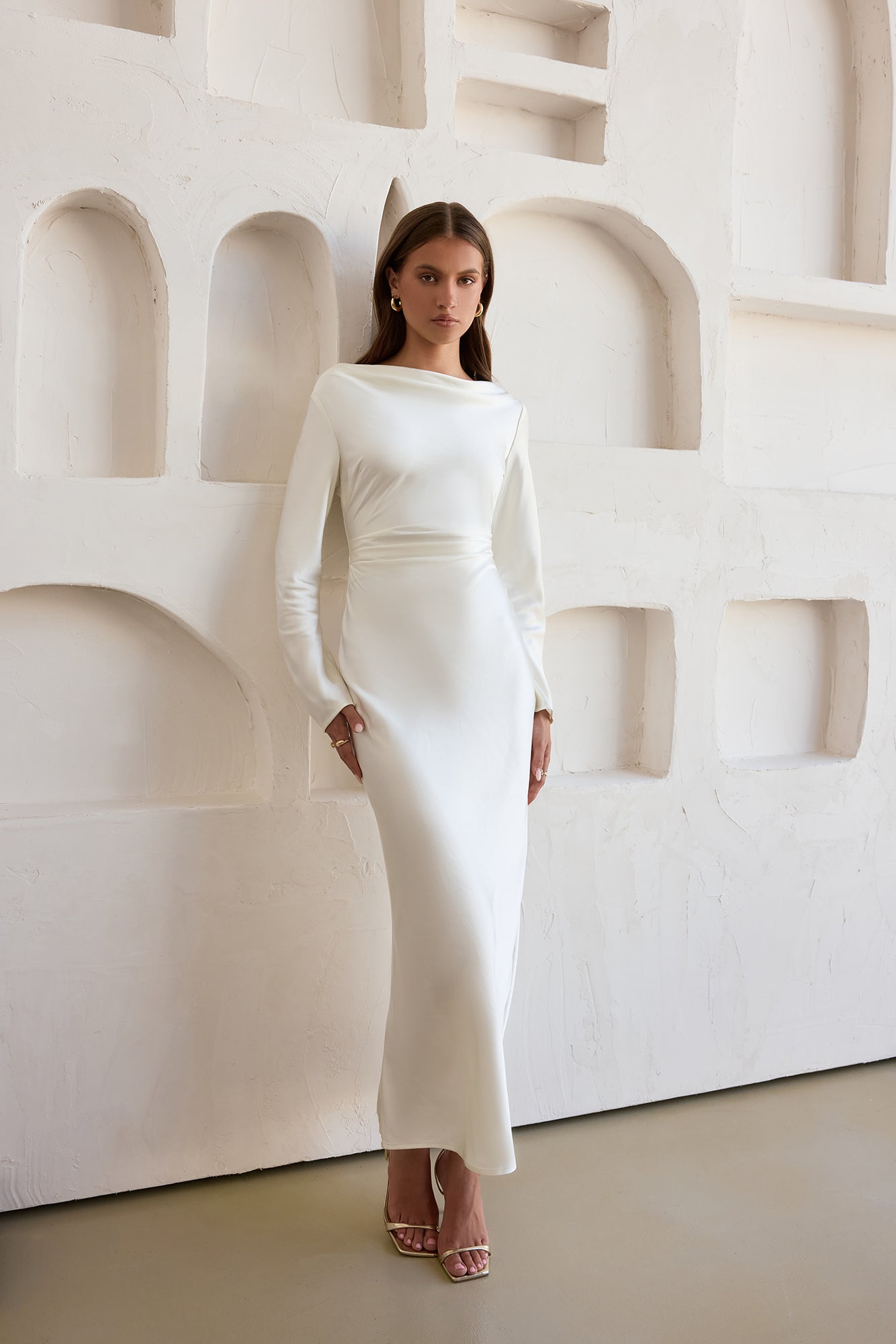 long white maxi dresses with long sleeve Cross The Skies Satin Dress f&f2025 Choose Waist Size for Pant (Inches):28 or no bra Bridesmaids and Bras |