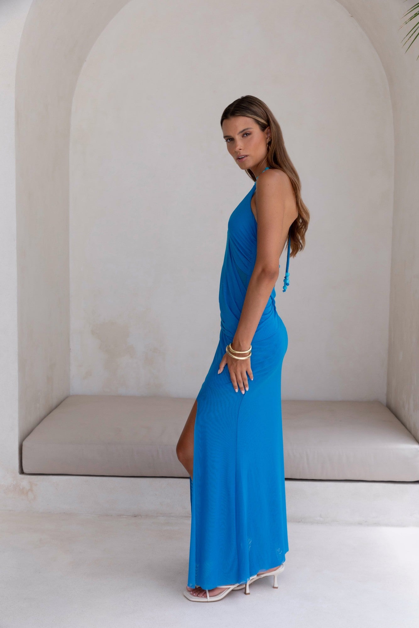 Kiss And Tell Mesh Halter Maxi Dress Blue | Fortunate One Kiss And Tell Mesh Halter Maxi Dress Blue | Fortunate One