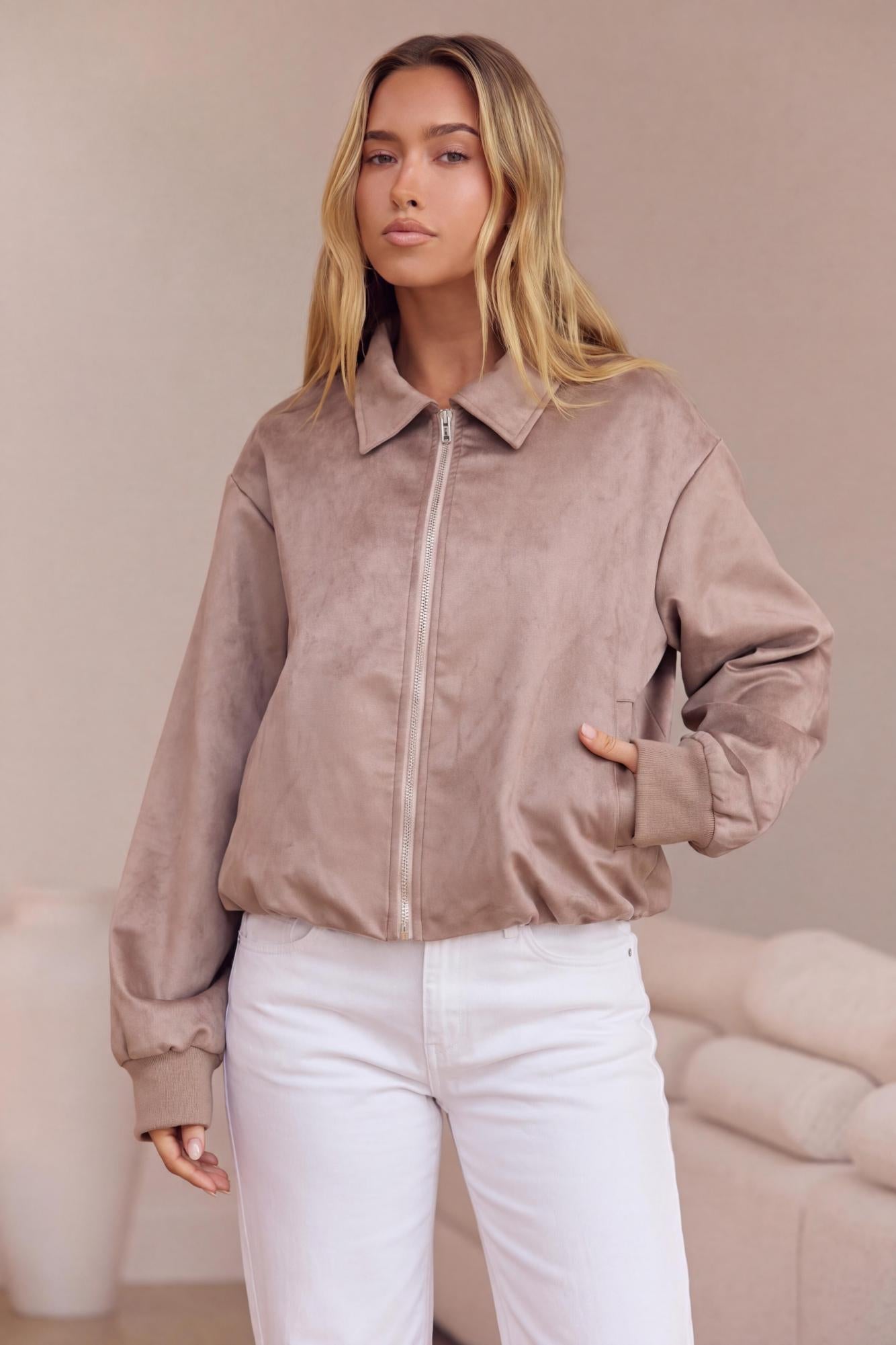 Asaka Faux Suede Bomber Jacket Taupe